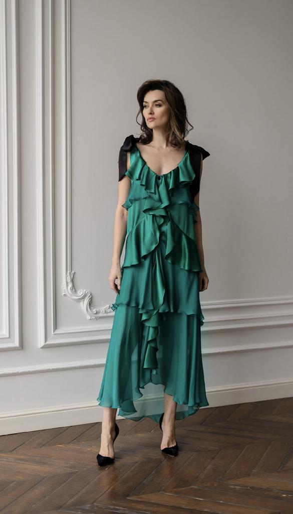 Платье с воланами из зелёного шелка