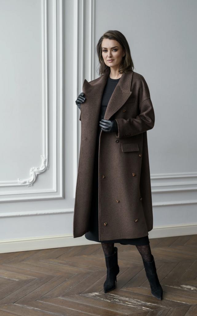 Арт 210019 пальто коричневое длинное со стразами