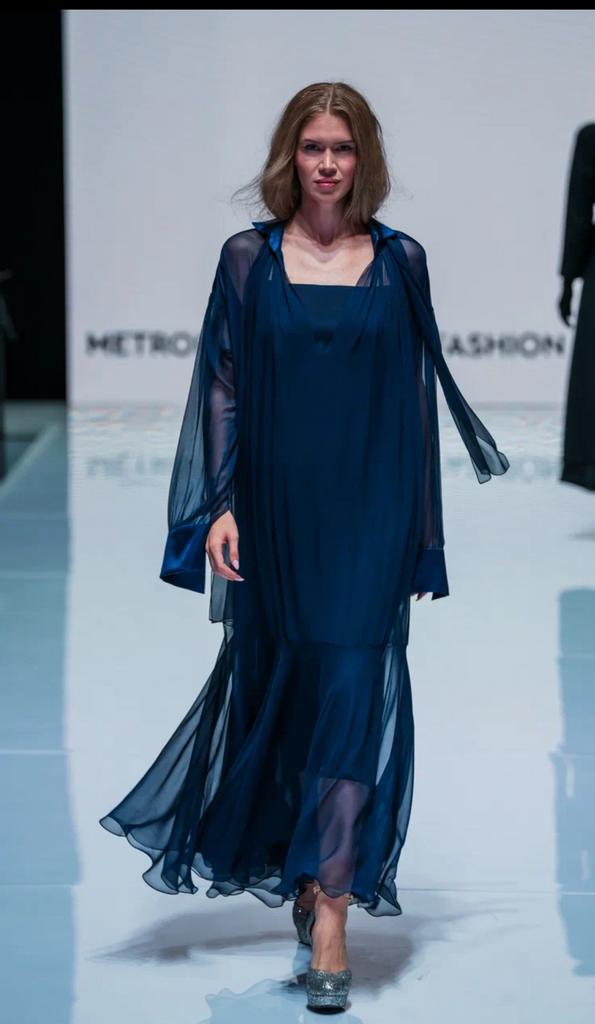 Платье из шифона с шелком синее