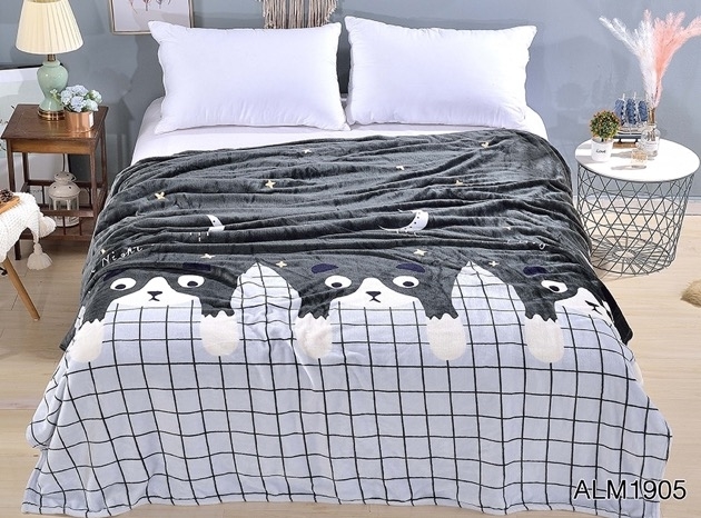 Плед на кровать велсофт серого цвета с котиком