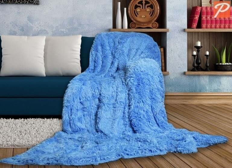 плед-покрывало травка с длинным ворсом голубого цвета фото 1