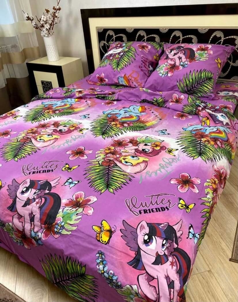 постельное белье с пони на фиолетовом