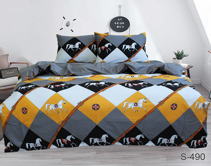 постельное белье сатин серо-оранжевое с лошадью фото