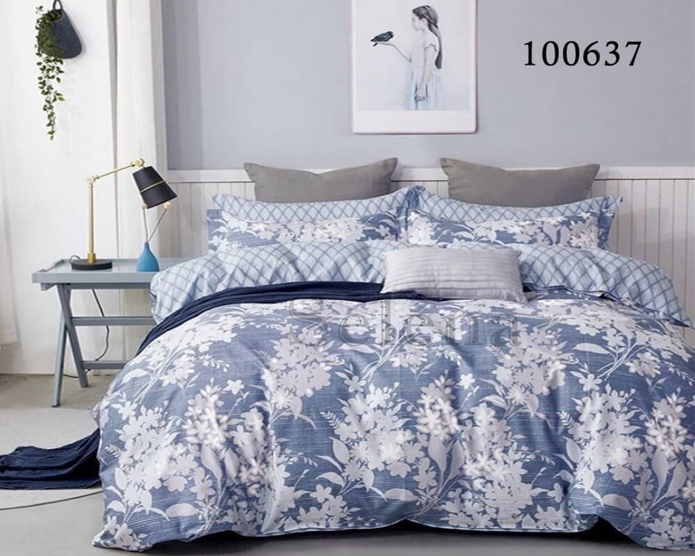 голубое постельное белье бязь с цветами 100637