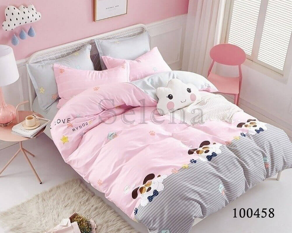 розовое постельное белье бязь с собачками 100458