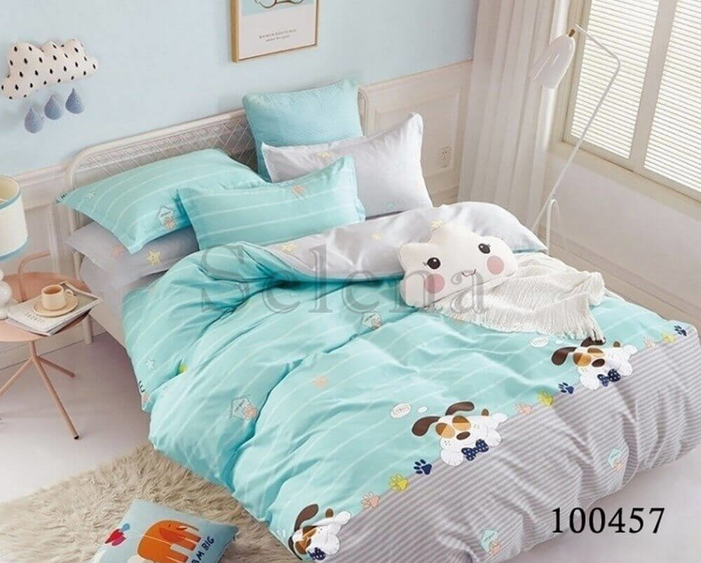 голубое постельное белье с собачками 100457