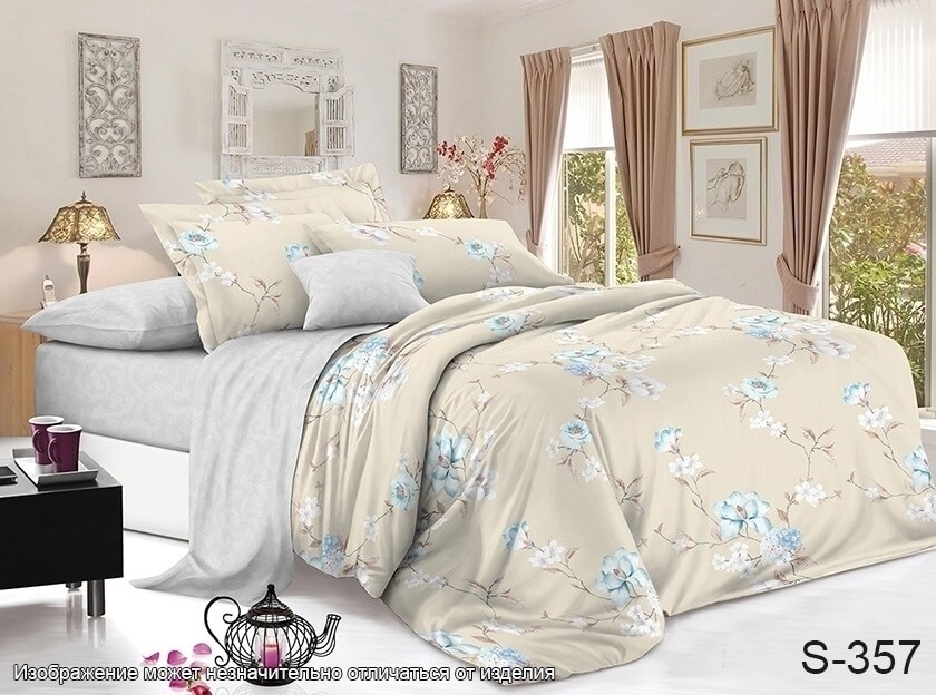 Сатин Таг Текстиль S 357 Бежевый с голубыми цветами фото 1