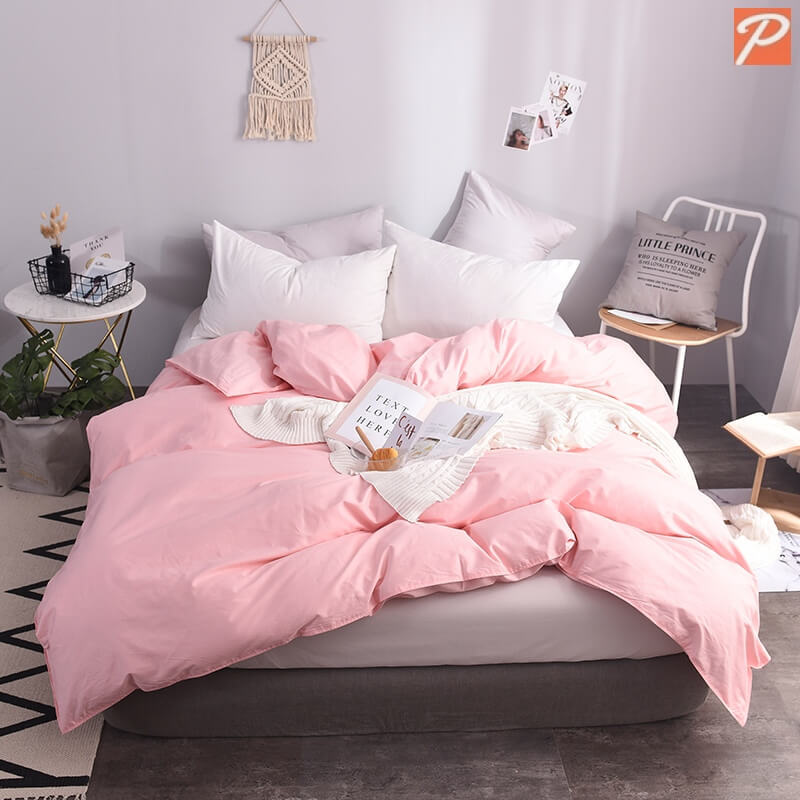 однотонное постельное белье розовое с белым из ткани поплин Lux