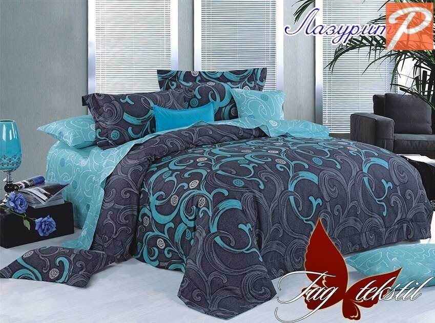 постельное белье с простынью на резинке серо-бироюзовый лазурит ранфорс Tag Tekstil