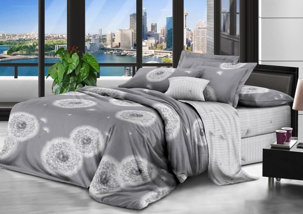 сіра постільна білизна бязь з кульбабами фото 1