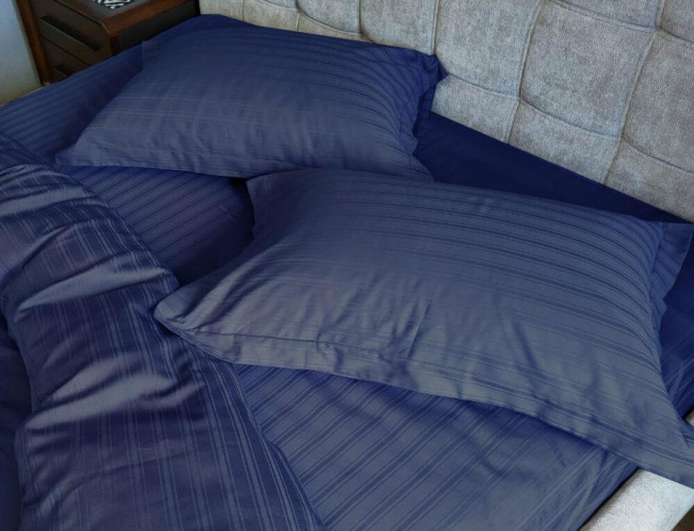 турецька постільна білизна страйп сатин темно-синього кольору фото 1