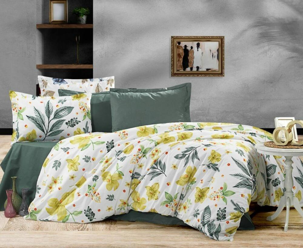 турецька постільна білизна бавовна з жовто-зеленими квітами фото 1