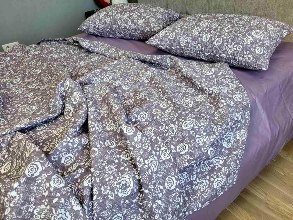 постільна білизна ранфорс гофре фіолетового кольору з трояндами фото 1