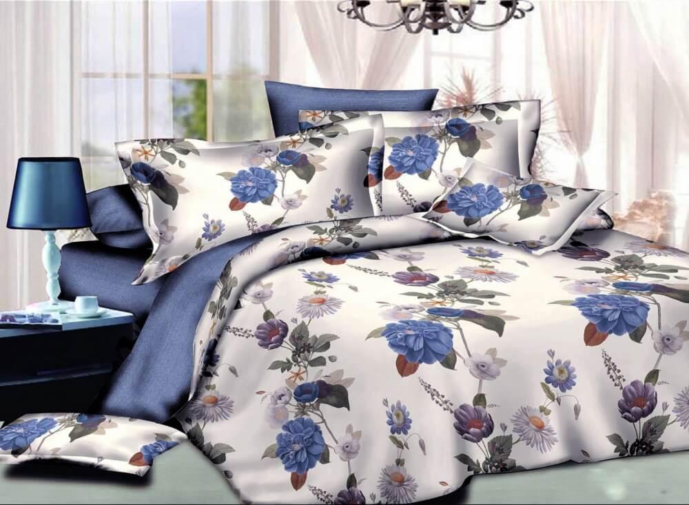 постільна білизна ранфорс біло-синього кольору з синіми квітами фото 1