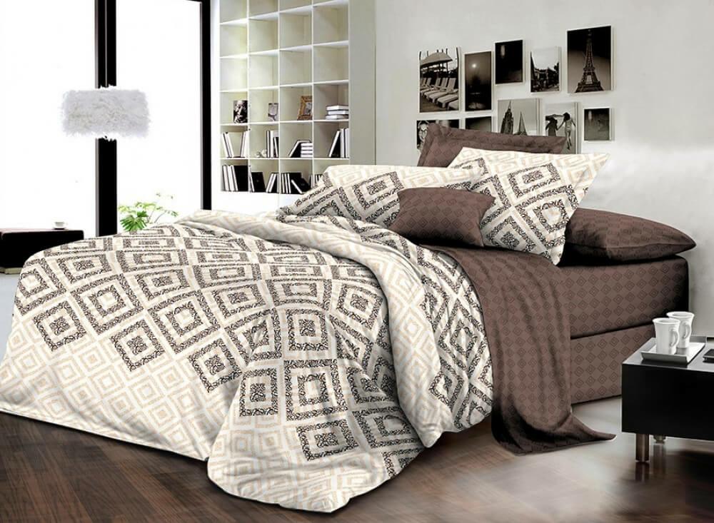 постільна білизна ранфорс бежево-коричневого кольору з малюнком ромби фото 1