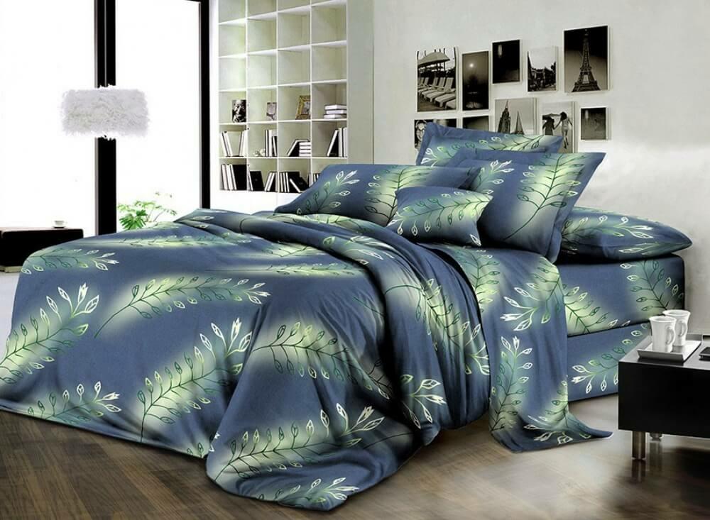 постільна білизна ранфорс синього кольору із зеленим листям фото 1