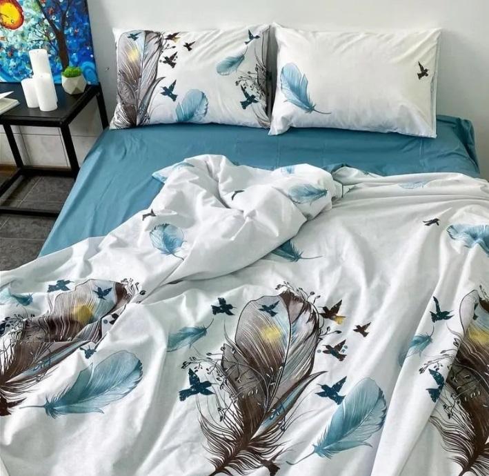 постільна білизна ранфорс туреччина с синіми та сірими пір'ями
