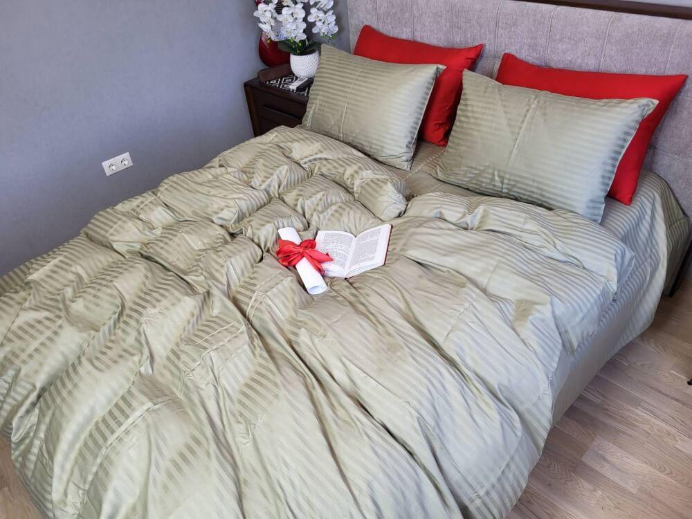 постільна білизна страйп сатин оливкового кольору фото 1