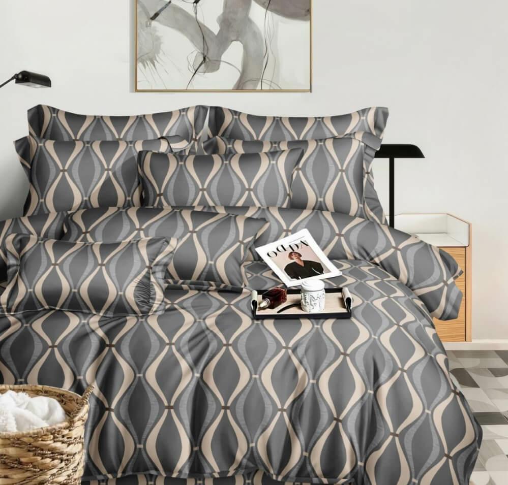 сіра постільна білизна сатин з геометричними лініями-хвилями фото 1