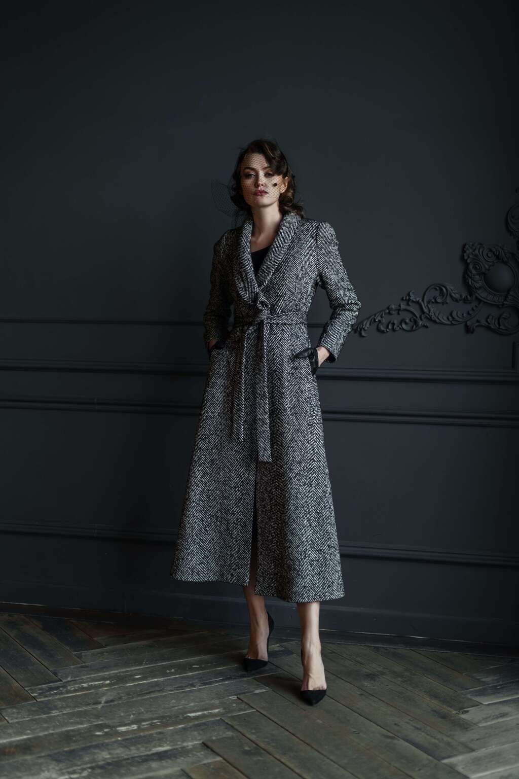 Пальто елочка с шалькой