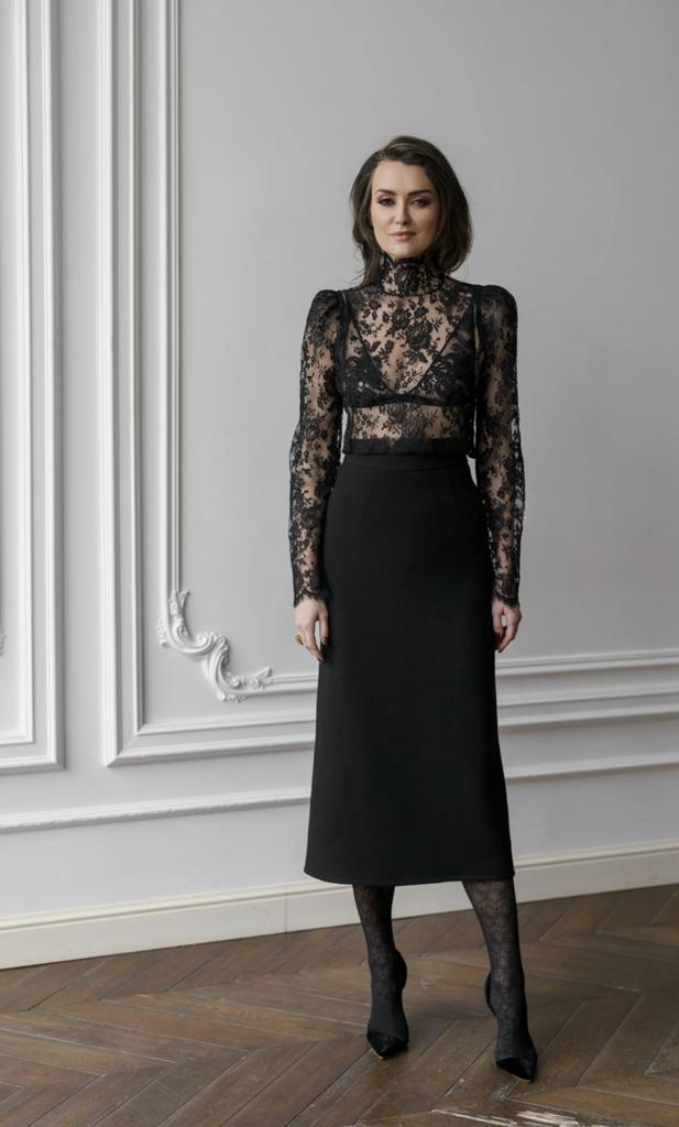 Арт блуза из кружева черного длинный рукав