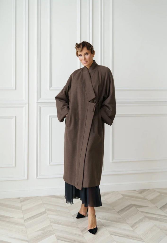 Арт 111035 пальто на шерстипоне коричневое