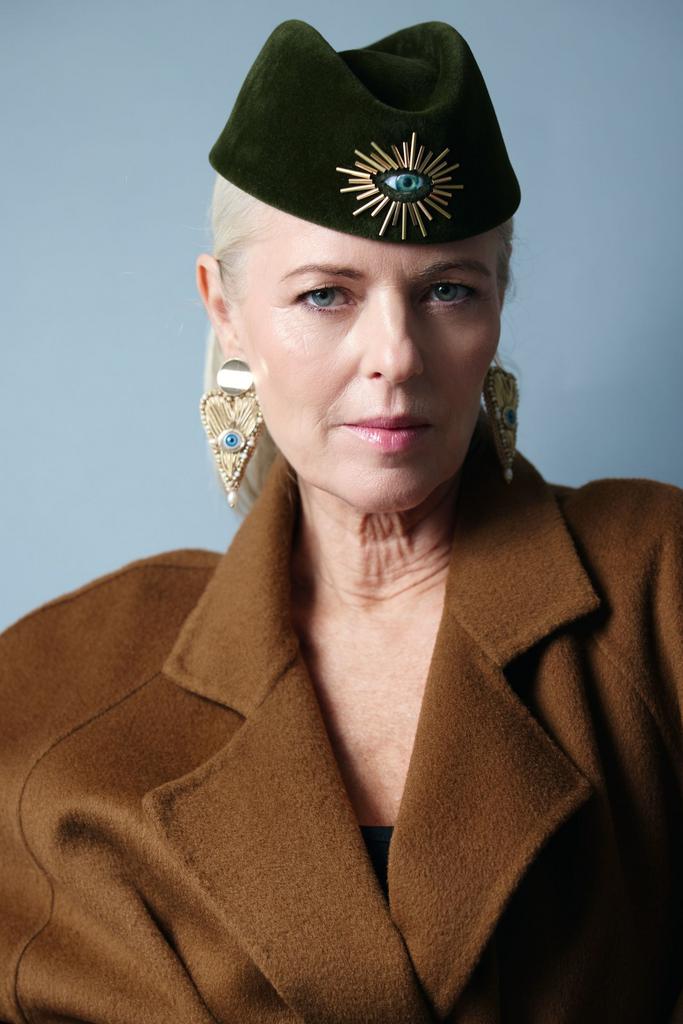 Watchful EYE Olive Green Sculptural Hat with Sun-Eye Emblem